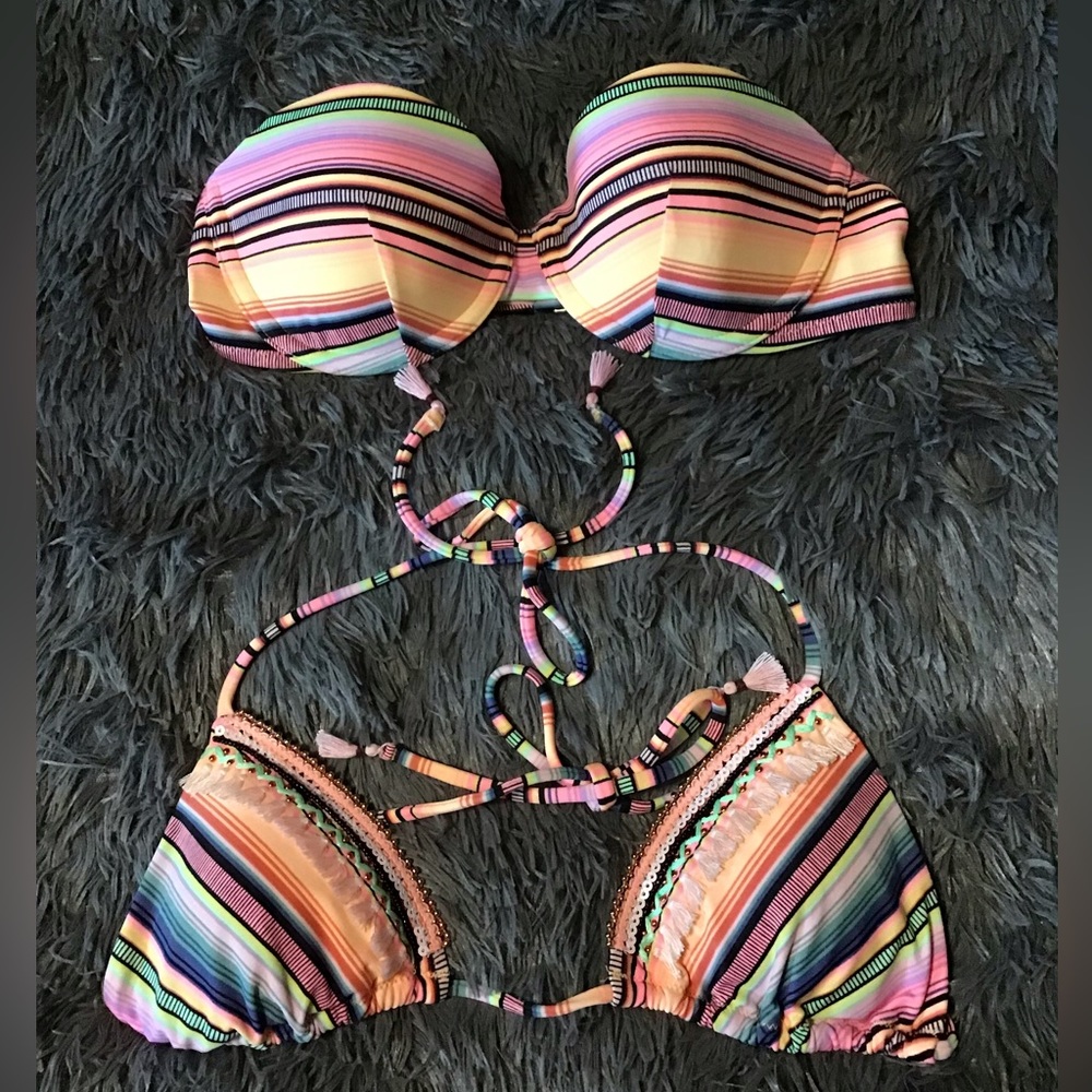 x2 EUC Victoria’s Secret Neon Stripe Tassel Bikini Top Bundle Sm & 34B